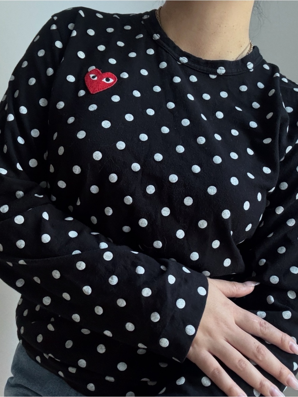 Comme des Garçons Black and White Polka Dot Long Sleeve with Red Heart